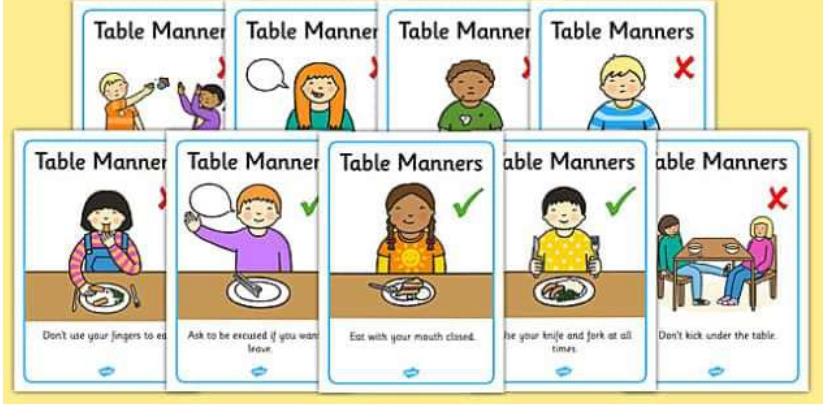 Fiche d'activité : cartes 'Table Manners' avec des exemples de bonnes et mauvaises manières à table